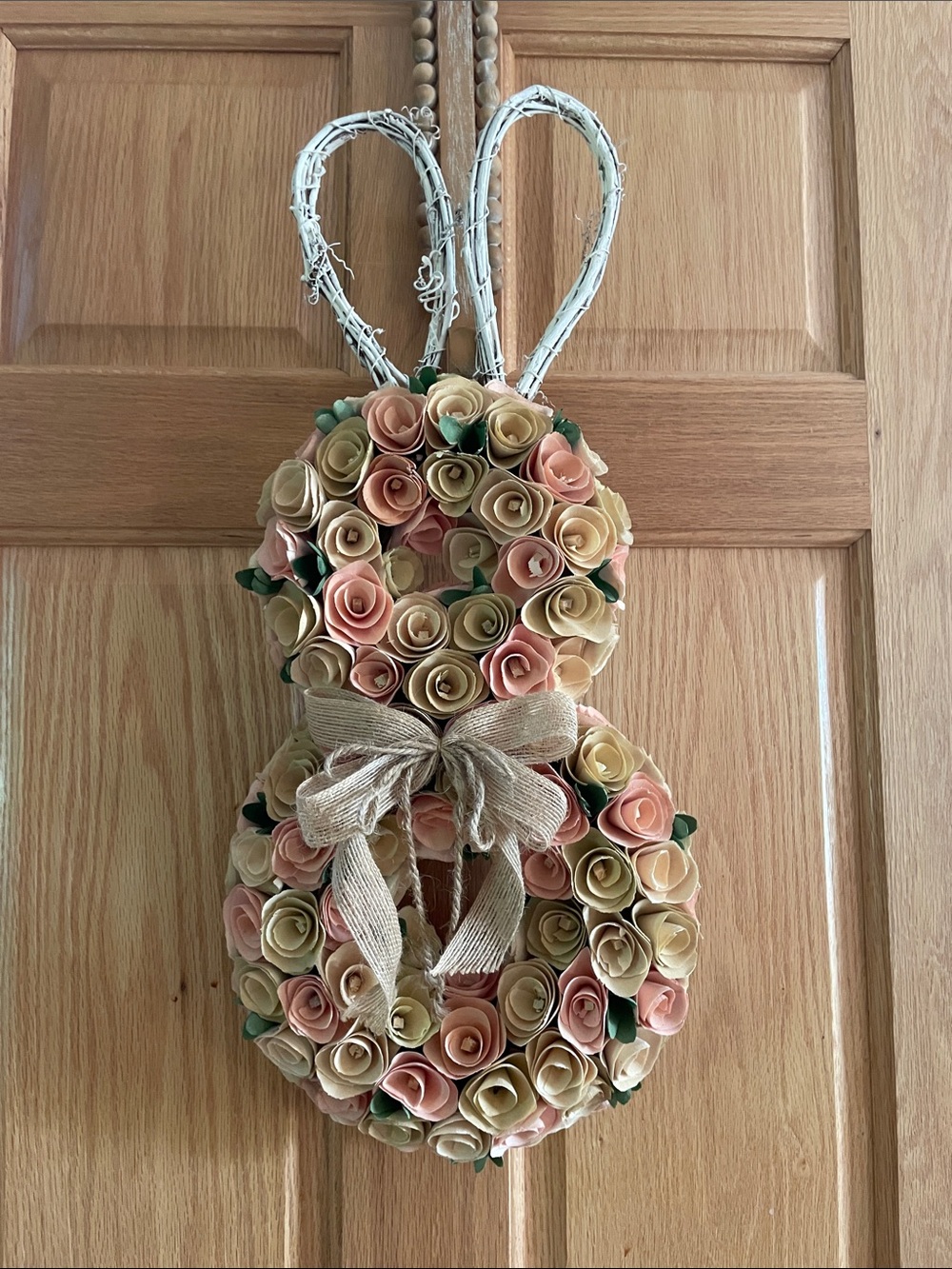 Handcrafted Wooden Roses Bunny Wreath - Peach & Cream Door Hanging 24”x10”